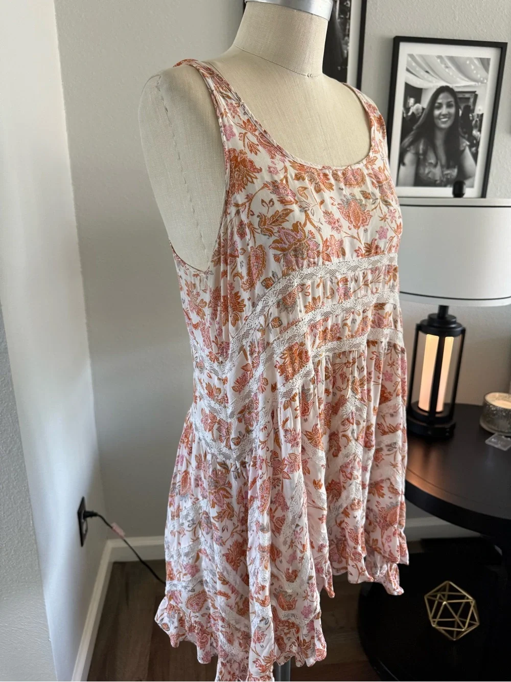 Free People Intimately Floral Lace Trim Trapeze Tank Top Pink Peach Boho Peplum